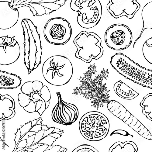 Vegetable Seamless Pattern with Cucumbers, Red Tomatoes, Bell Pepper, Beet, Carrot, Onion. Fresh Green Salad. Healthy Vegetarian Food. Hand Drawn Illustration. Doodle Style.