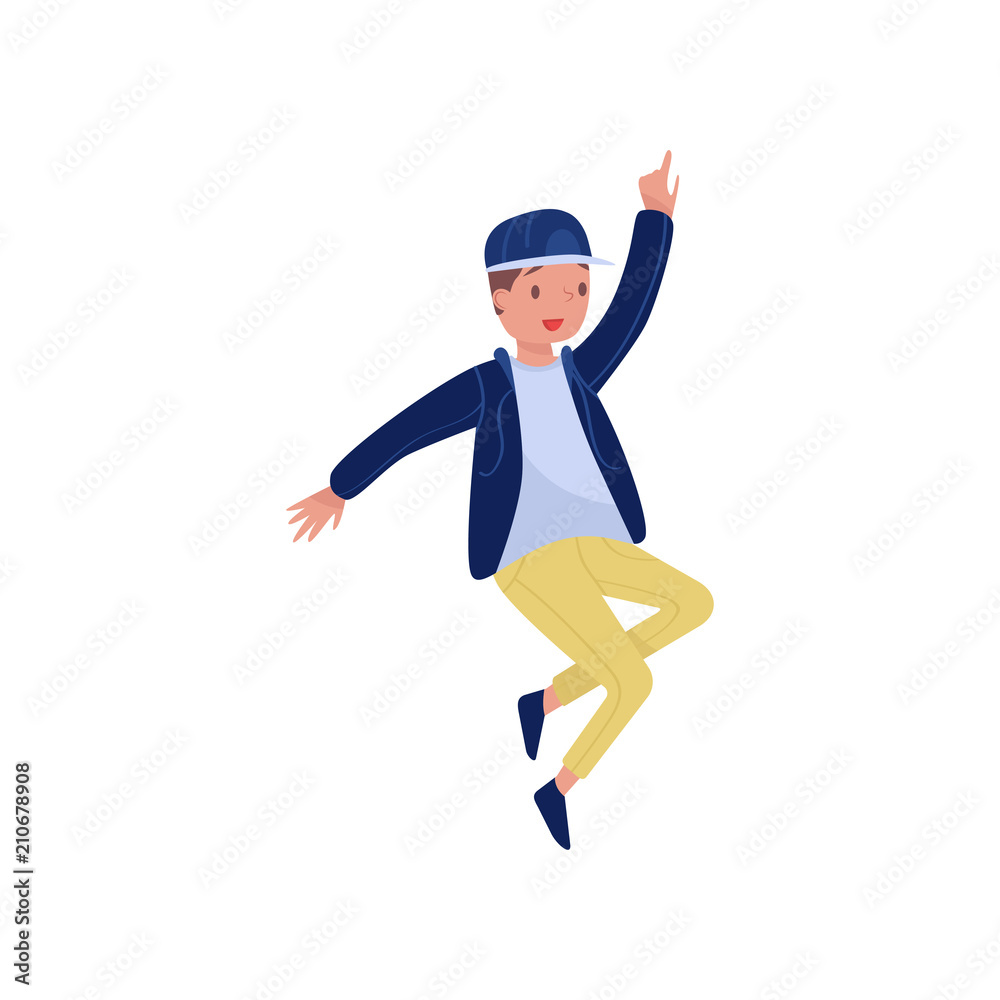 Hip-hop dancer in action. Teenager boy with happy face. Party time. Flat vector element for promo poster of dance school