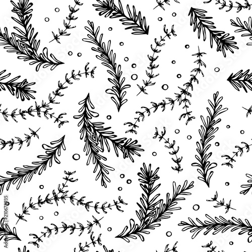 Pepper, Rosemary and Thyme Seamless Endless Vector Background. Fresh Green Herbs for Meat, Steak or Seafood Cooking. Hand Drawn Illustration. Doodle Style.