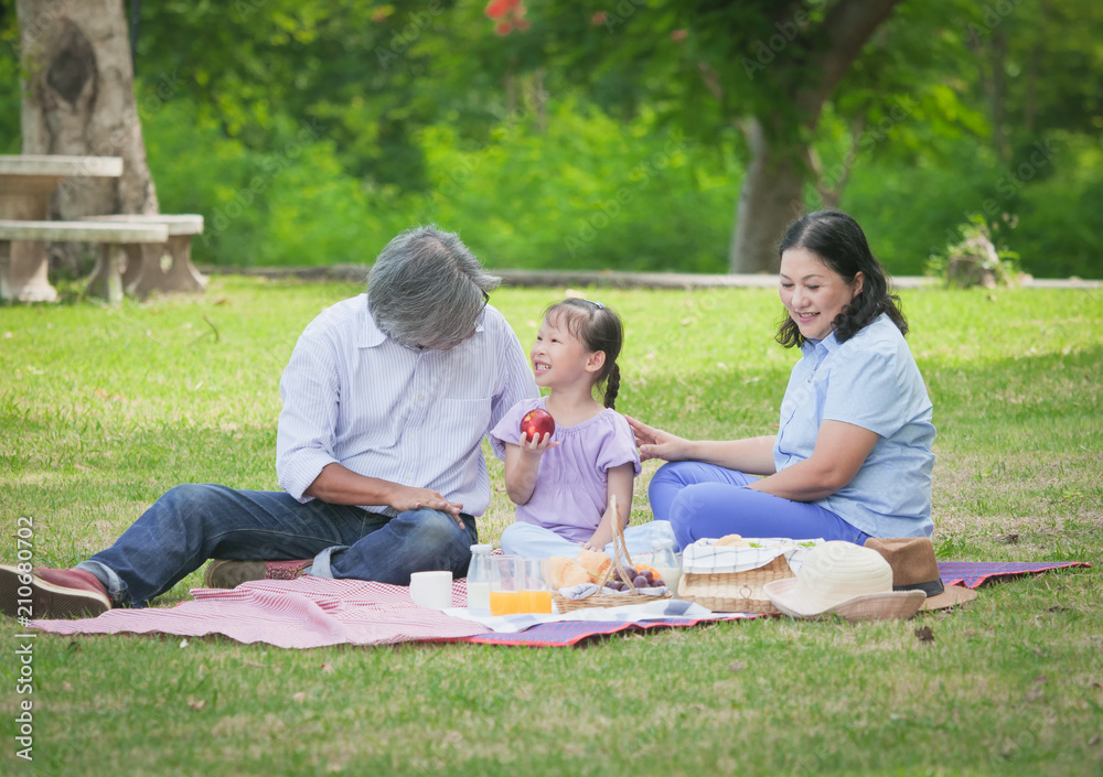 Grandparents spend the time in holiday with grandchildren at nature park.Happy family concept. Grandparents spend the time in holiday with grandchildren at nature park.Happy family concept.