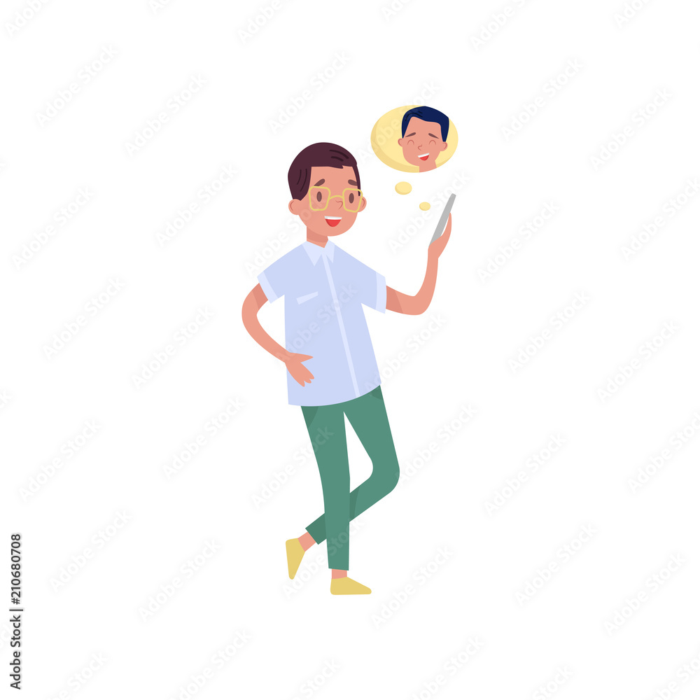 Cheerful teen boy video chatting with his friend over mobile phone. Modern technologies and communication theme. Flat vector design