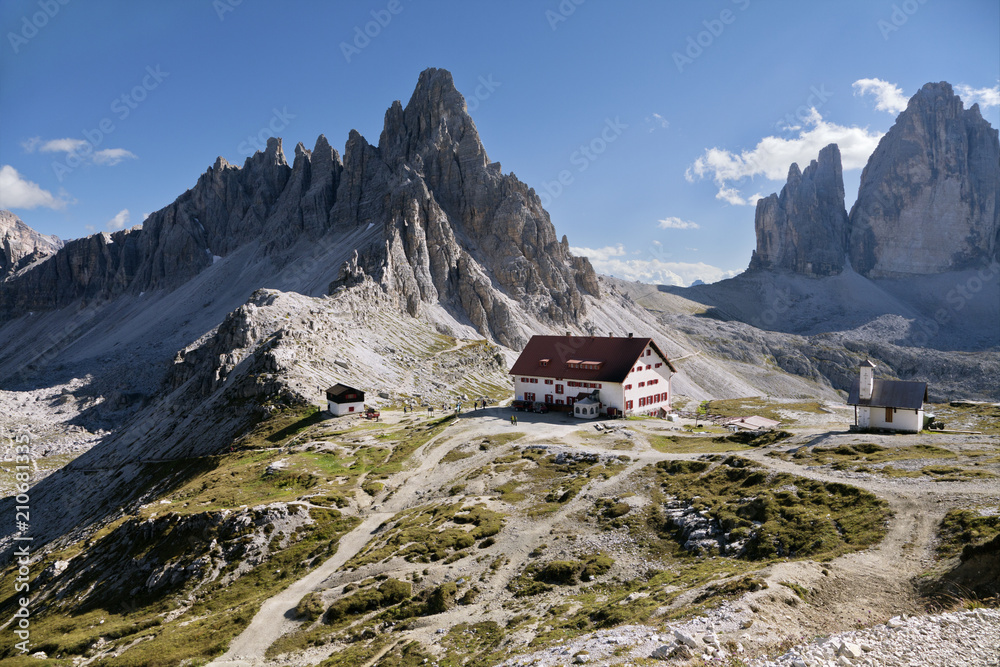 ITALY, DOLOMITES - SEPTEMBER 22, 2014 - Refuge in Dolomites mountains