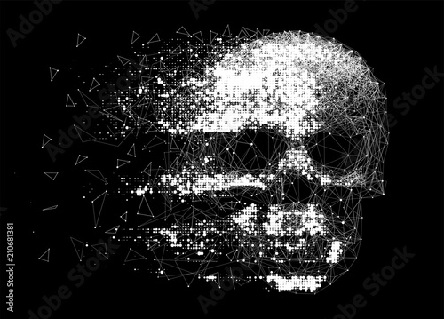 Vector skull illustration made by interlacing network of thin lines, and grungy halftone effect. Low poly line art. photo