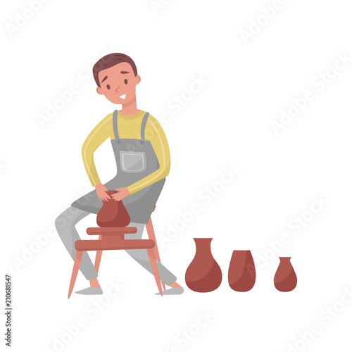 Man shaping ceramic jug on rotating pottery wheel. Young potter guy making earthenware. Professional at work. Flat vector design