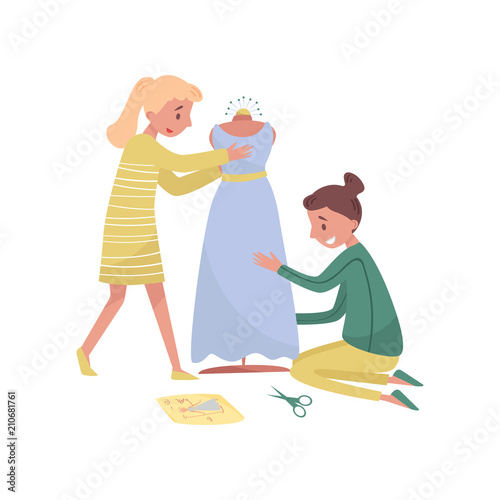Two young girls sews dress. Profession of fashion designer. Female dressmakers at work. Flat vector illustration