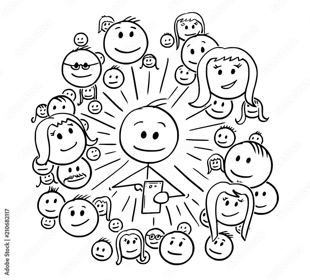 Cartoon stick drawing conceptual illustration of man and his social network  connections, friends or community. Stock Vector | Adobe Stock