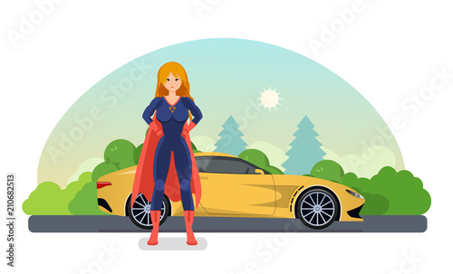 Woman superhero near road with car near. Drive by car.