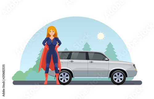 Woman superhero near road with car near. Drive by car.