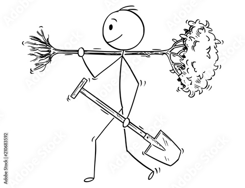 Cartoon stick drawing conceptual illustration of man or businessman holding spade and tree to plant. Business concept of startup or environmental concept of nature or forest preservation.