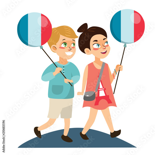 children boy and girl on national holiday france, kids with balloons in hand walking down street isolated white background on Bastille Day vector illustration