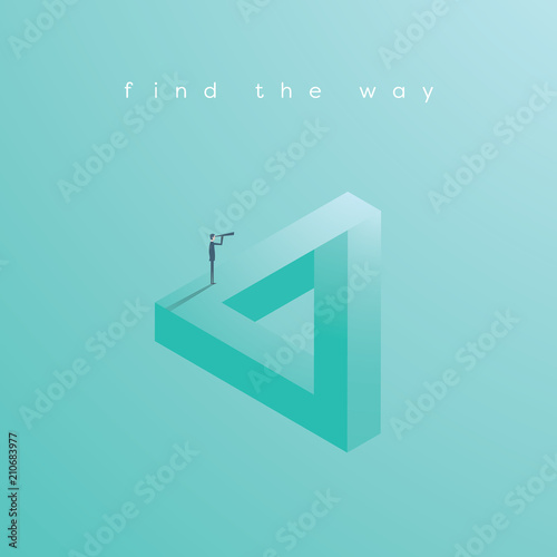 Finding solution business vector concept with businessman standing on impossible geometric shape. Symbol of vision, leadership, creativity, challenge, opportunity