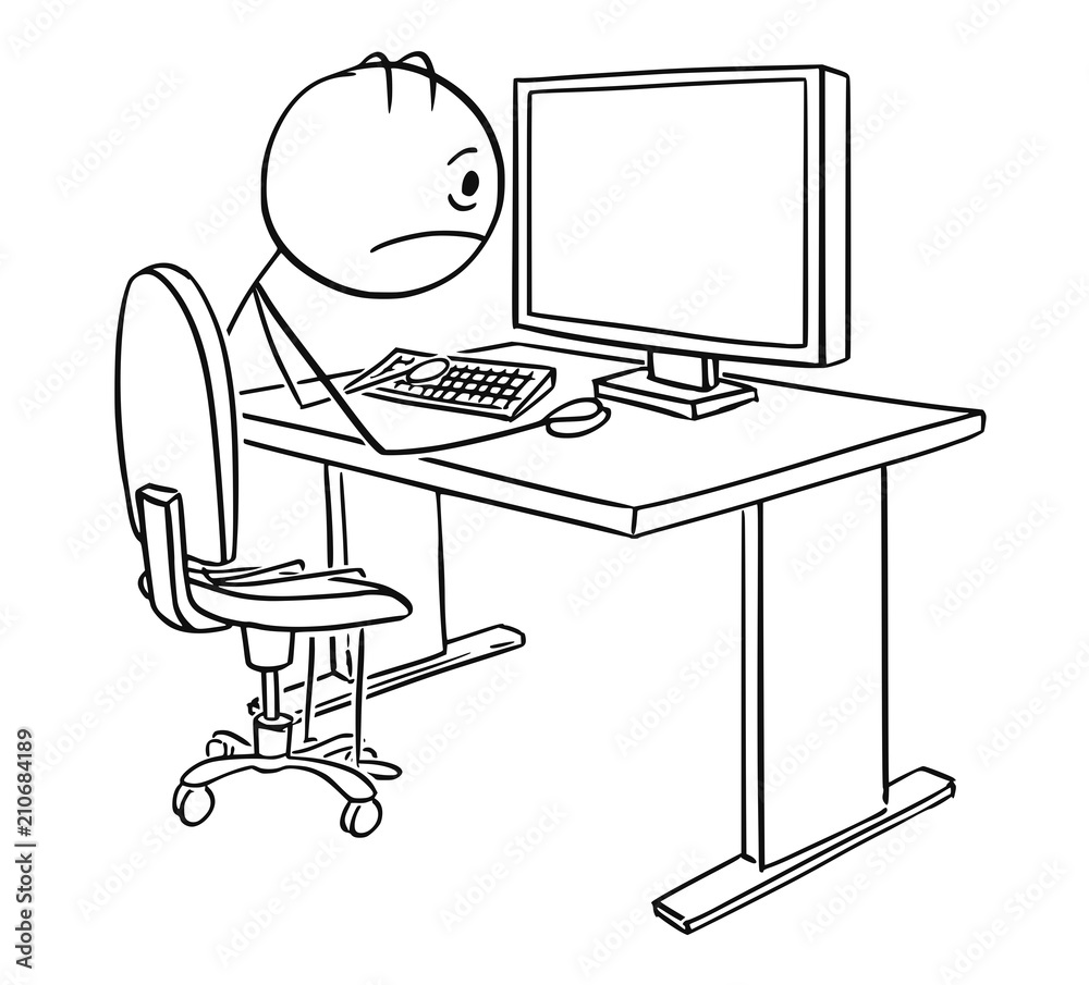 Cartoon stick drawing conceptual illustration of tired, stressed or unhappy  man or businessman working on computer. Stock Vector | Adobe Stock