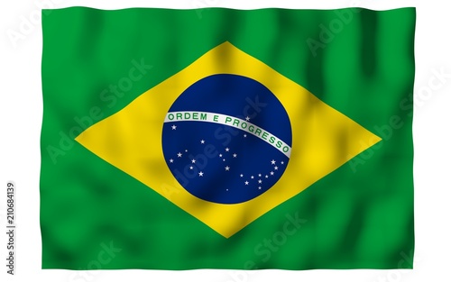 Waving flag of Brazil. Ordem e Progresso. Order and progress. Rio de Janeiro. South America. State symbol. 3D illustration