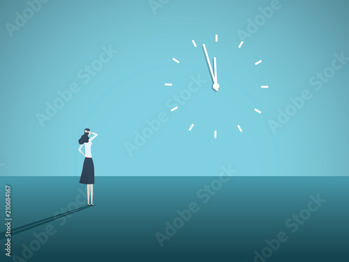Business deadline vector concept with businesswoman staring at a clock on the wall. Symbol of stress at work, management pressure, burnout.
