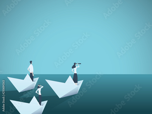 Business woman leader vector concept with businesswoman in paper boat leading team. Symbol of equality, woman power, leadership, vision. photo