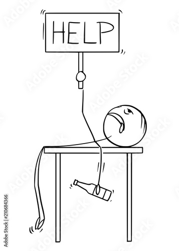 Cartoon stick drawing conceptual illustration of drunken man lying on table or desk with beer bottle in hand and holding help sign.