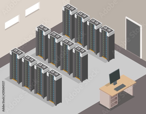 Isometric data center infographic. Computer room server and technology communications background.