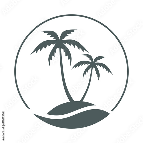 Resort logo with sea and coconut palms view. Icon tropical island. Vector illustration. 