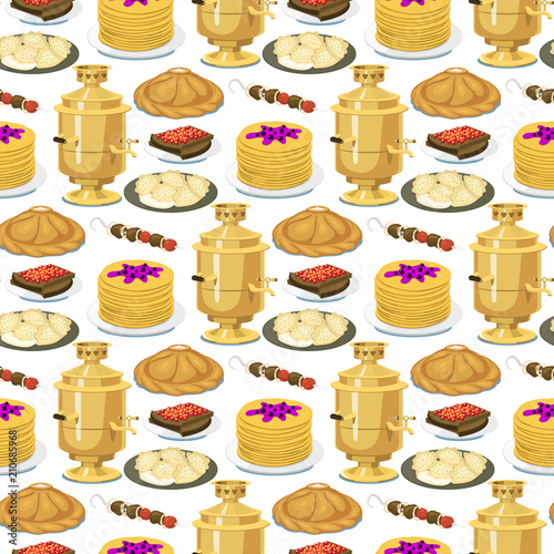 Traditional Russian cuisine seamless pattern background culture dish course food welcome to Russia gourmet national meal vector illustration