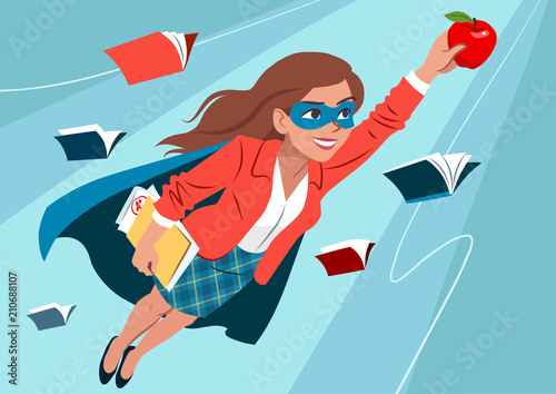 Young woman in cape and mask flying through air in superhero pose, looking confident and happy, holding an apple and folder with papers, open books around. Teacher, student, education learning concept