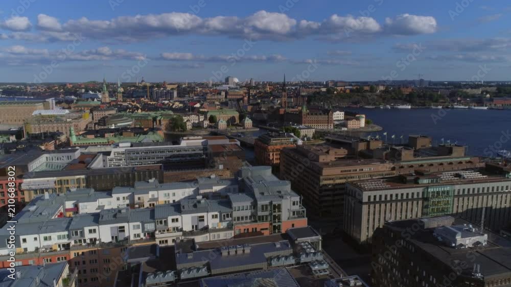 Aerial panoramic view of Stockholm city, Sweden. Drone shot flying up over cityscape buildings and bridges Aerial panoramic view of Stockholm city, Sweden. Drone shot flying up over cityscape buildings and bridges