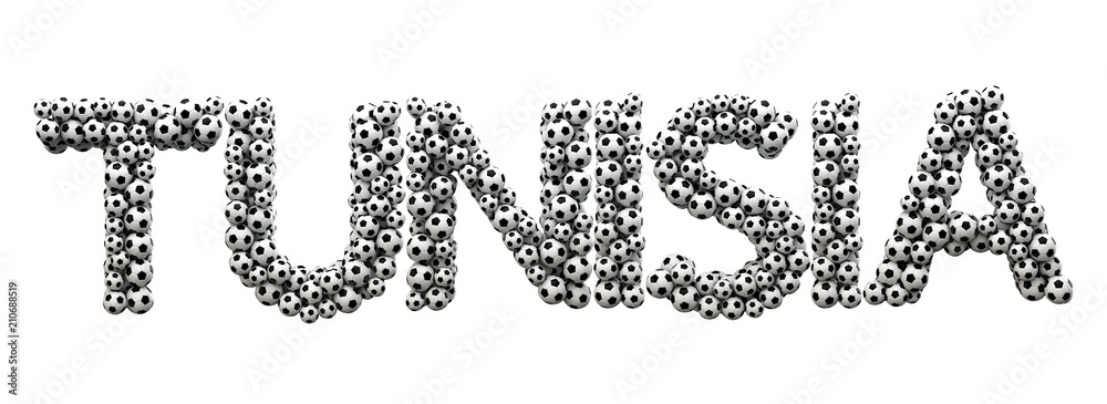 Tunisia word made from a football soccer ball texture. 3D Rendering Tunisia word made from a football soccer ball texture. 3D Rendering