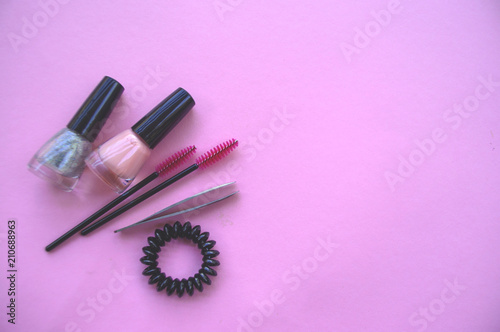 Fototapeta Naklejka Na Ścianę i Meble -  Set of cosmetics on pastel pink background.