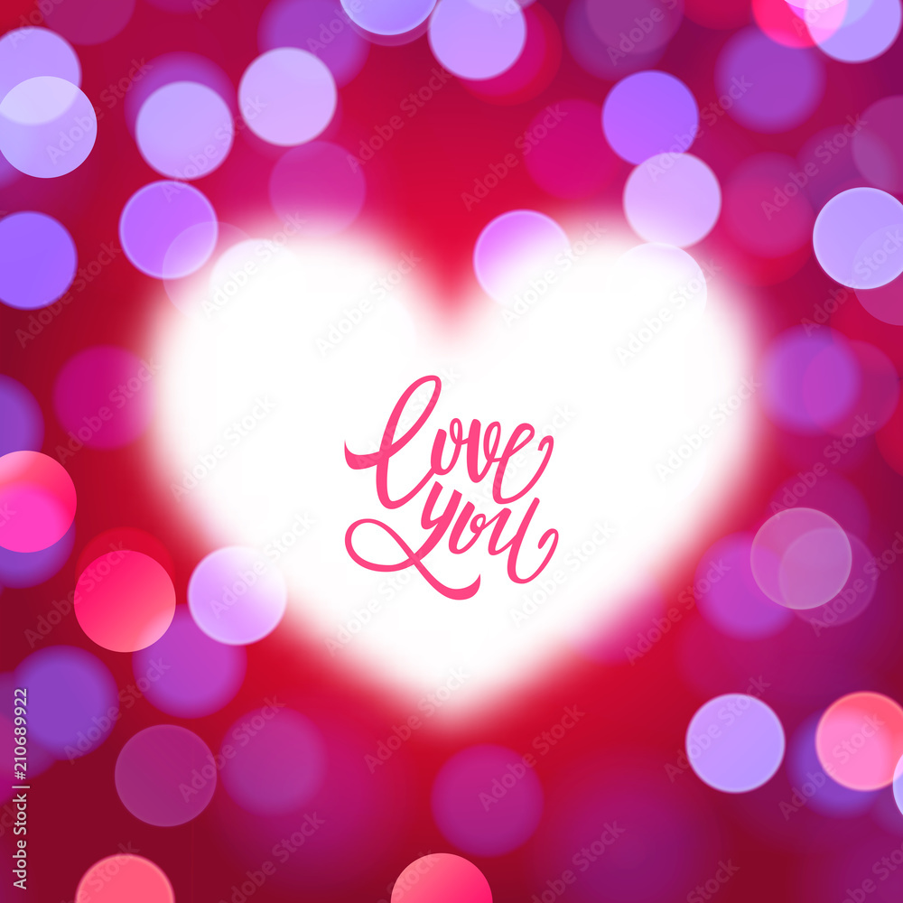 Love you text on romantic card, heart, valentine, unfocused bokeh background, vector illustration