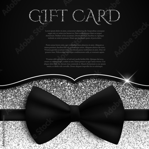 Silver gift card with glitter and bow tie, gift, voucher, certificate, vector illustration