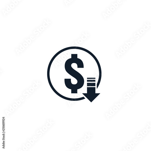 dollar decrease icon. Money symbol with arrow stretching rising drop fall down. Recession Business. cost reduction icon. vector illustration.
