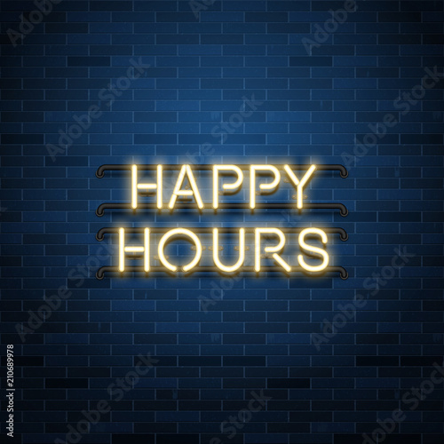 Happy hours sale vector advertisement, glowing neon realistic text design