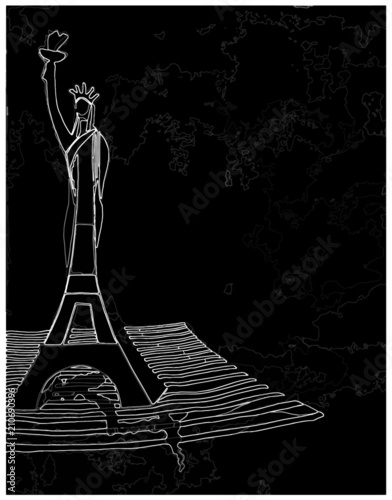 Dessin en noir et blanc de la Tour Eiffel et de la Statue de La Liberté entremêlées symbolisant l'amitié France USA