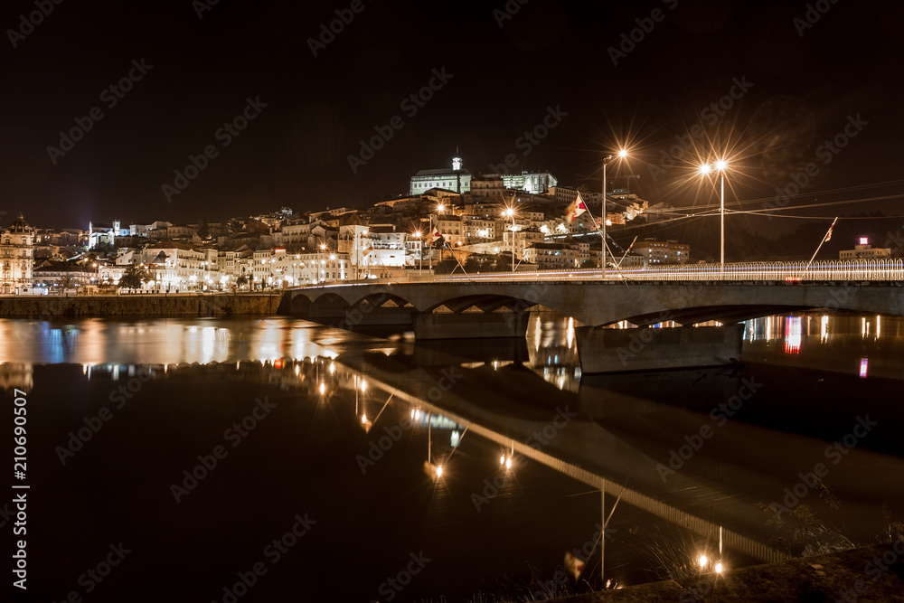 Night view of the Santa Clara Bridge in Coimbra Portugal