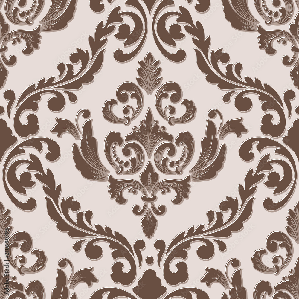 Vector volumetric damask seamless pattern element. Elegant luxury embossed texture for wallpapers, backgrounds and page fill. 3D elements with shadows and highlights.