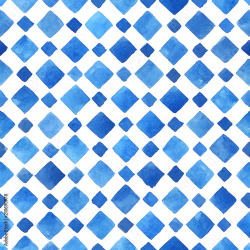 Watercolor diagonal background with squares in blue. Hand painted seamless pattern