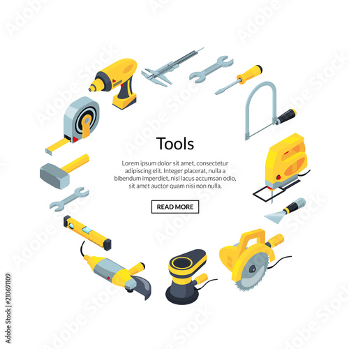 Vector construction tools isometric icons in circle