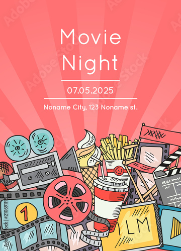 Vector cinema doodle icons poster for movie night or festival