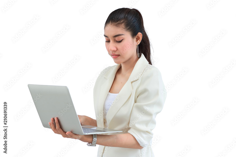 Attractive young Asian business woman with laptop on white isolated background. Attractive young Asian business woman with laptop on white isolated background.