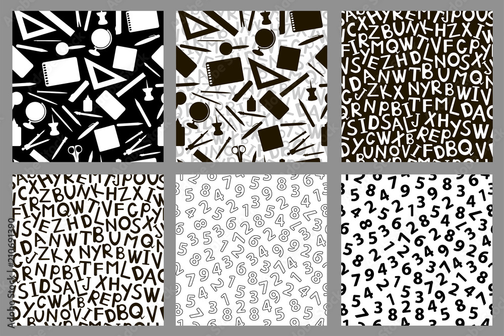Fototapeta premium Seamless patterns with stationery, alphabet and numerals. Black and white set.