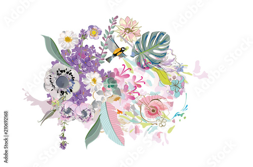 Fototapeta Naklejka Na Ścianę i Meble -  Series of invitation frame backgrounds with summer and spring flowers and leaves. Colorful  floral garlands with peonies, green palm leaves and flamingos. Vector illustration.