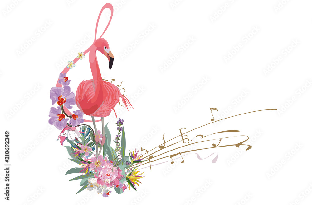 Obraz premium Abstrakcyjny klucz wiolinowy ozdobiony letnimi i wiosennymi kwiatami, liśćmi palm, nutami, ptakami. Ręcznie rysowane ilustracji wektorowych muzyczne.