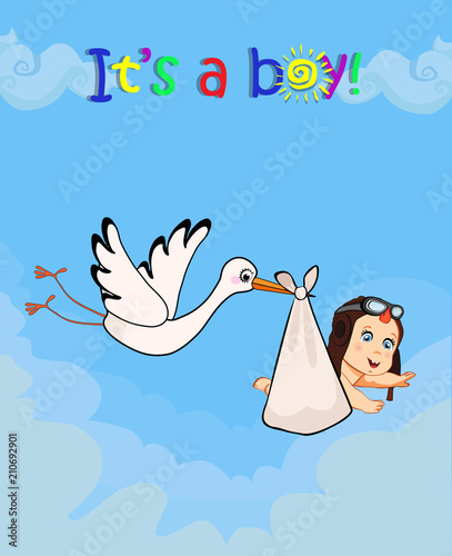 cartoon vector illustration with stork bringing cute baby boy