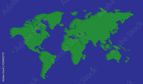 Isometric tetragon world map vector green on blue