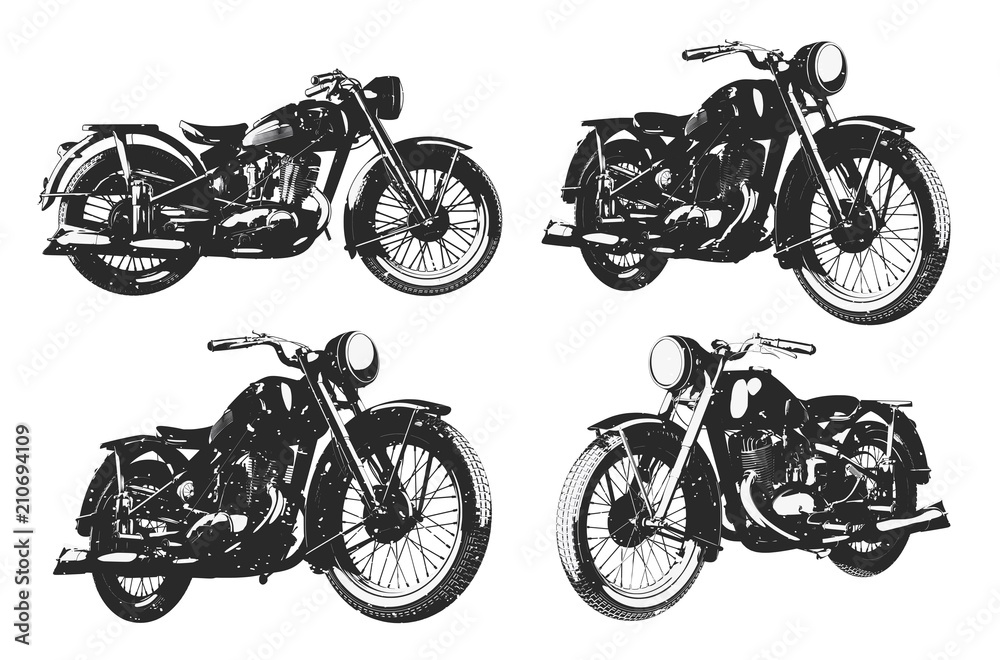Obraz premium Monochrome illustration of clssic motorcycles in different angles isolated on white backgreound with grunge texture.