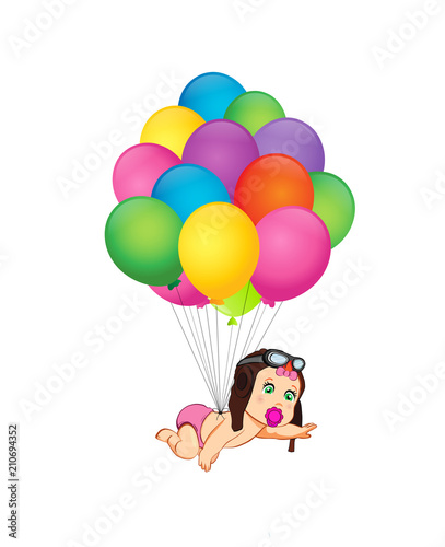 baby girl coming on bunch of helium balloons in sky