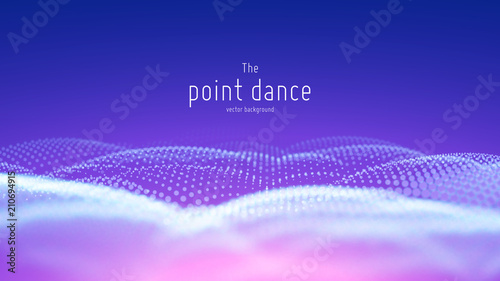 Vector abstract particle wave, points array with shallow depth of field. Futuristic illustration. Technology digital splash or explosion of data points. Pont dance waveform. Cyber UI, HUD element.
