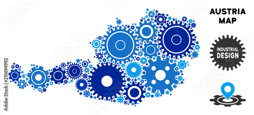 Repair Service Austria map composition of gears. Abstract territory scheme in blue color tinges. Vector Austria map is composed of gears. Concept of maintenance company.