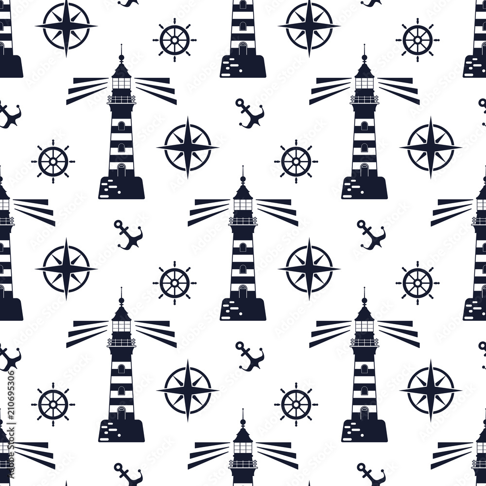 Lighthouse pattern. Seamless vector illustration of flat design. Vintage style