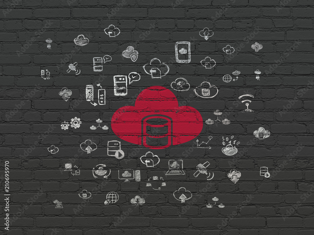 Cloud networking concept: Painted red Database With Cloud icon on Black Brick wall background with  Hand Drawn Cloud Technology Icons