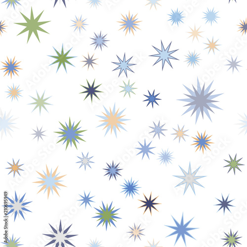 Seamless vector repetitive background with multicolored stars on white background.